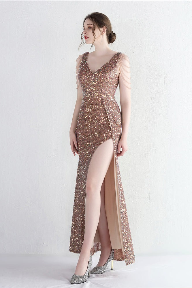 Sequin V-Neck Beaded Fringe High Split Mermaid Gown