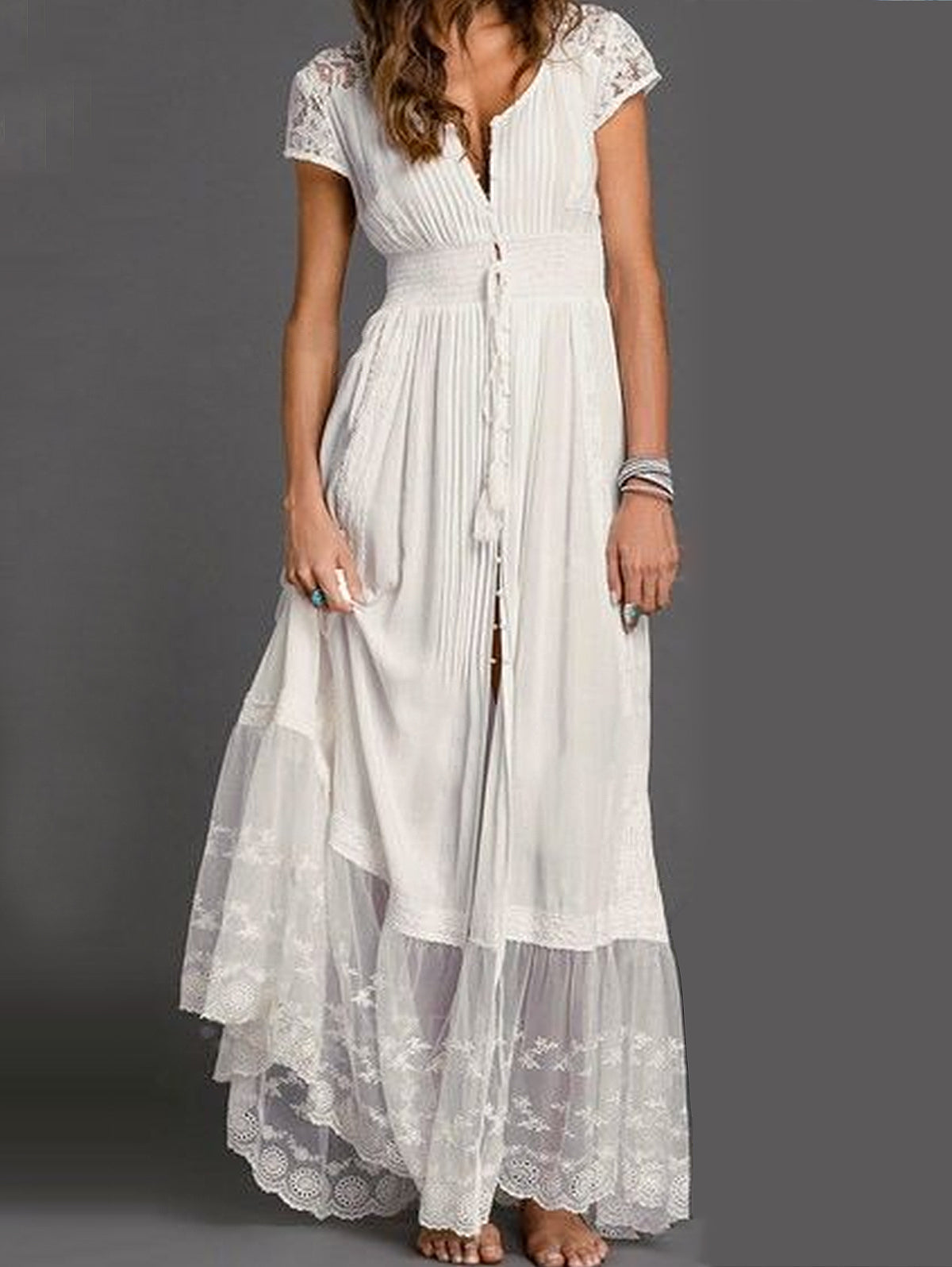 Lace Splicing Fringe Pleated Maxi Dress Short Sleeve - View 4