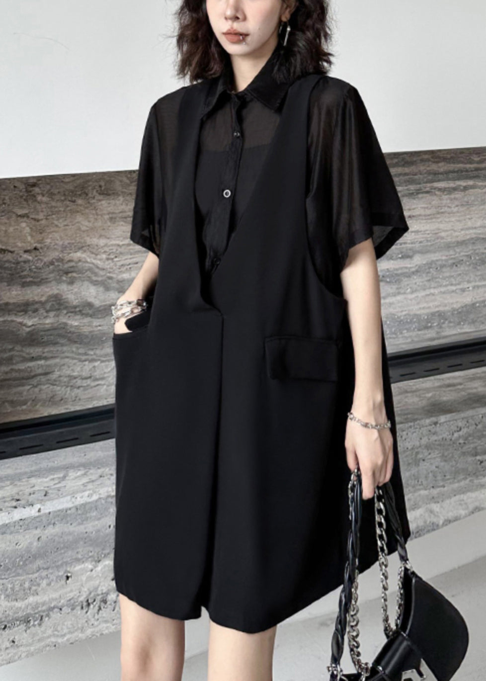 Faux Two-Piece Sheer Button Front Shirt Sleeveless Pocket Vest Midi Dress