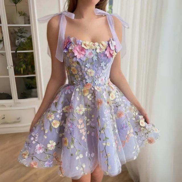 Floral Appliqué Corset Bodice Ribbon Tie Strap Tulle A-Line Mini Cocktail Dress