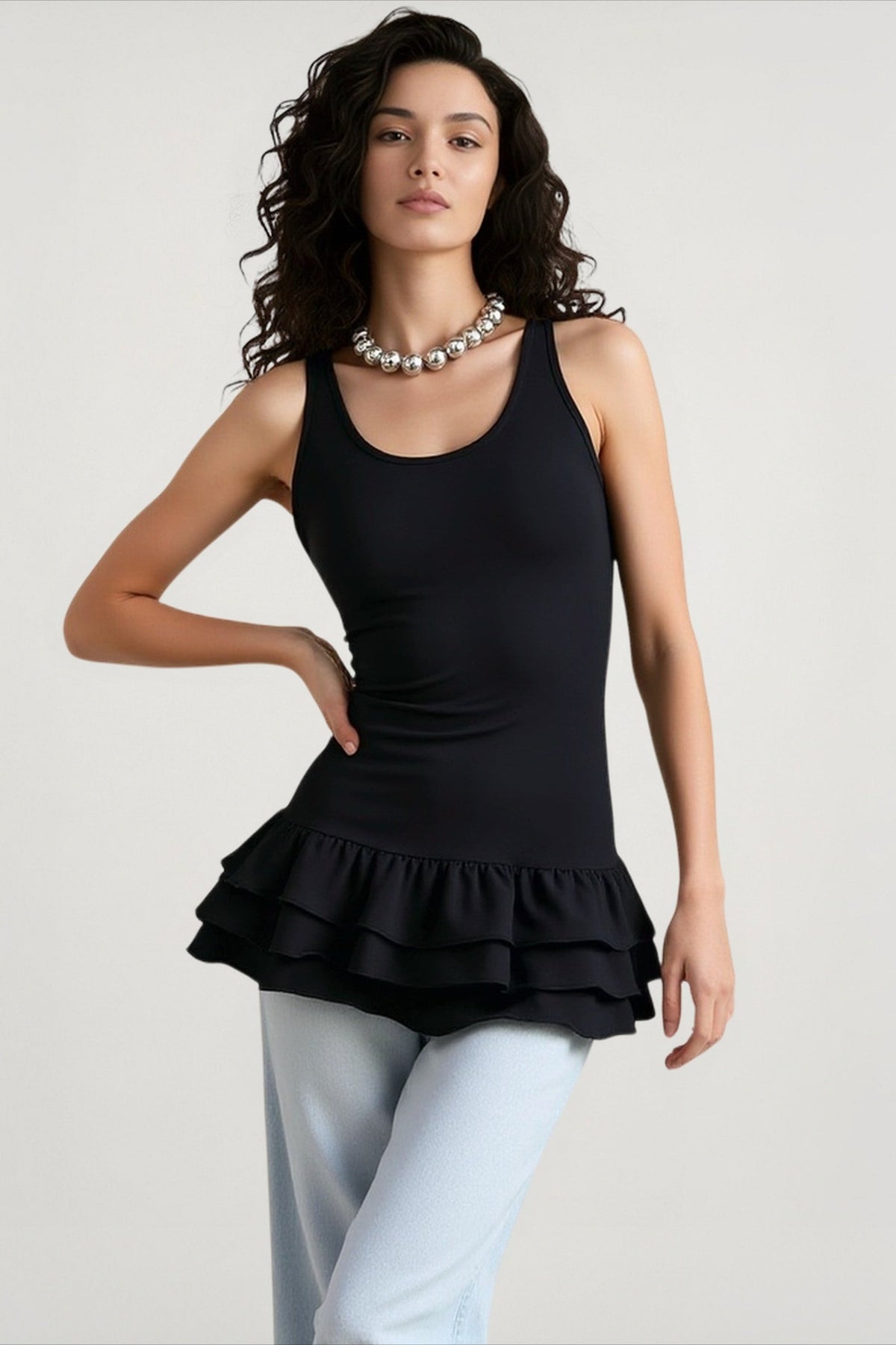 Scoop Neck Sleeveless Tiered Ruffle Hem Longline Tank Top