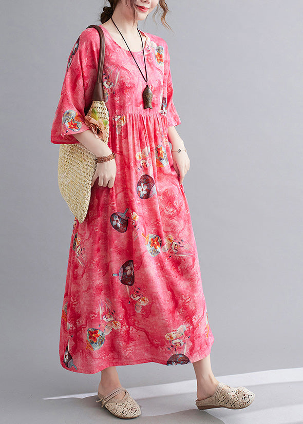 Floral Fan Print Round Neck Empire Waist Short Sleeve Oversized Maxi Dress