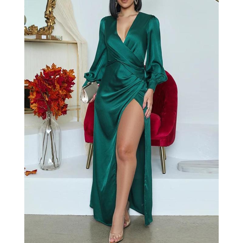 Premium Alejandra Dark Green Satin Midi Dress Wardrobe Essential