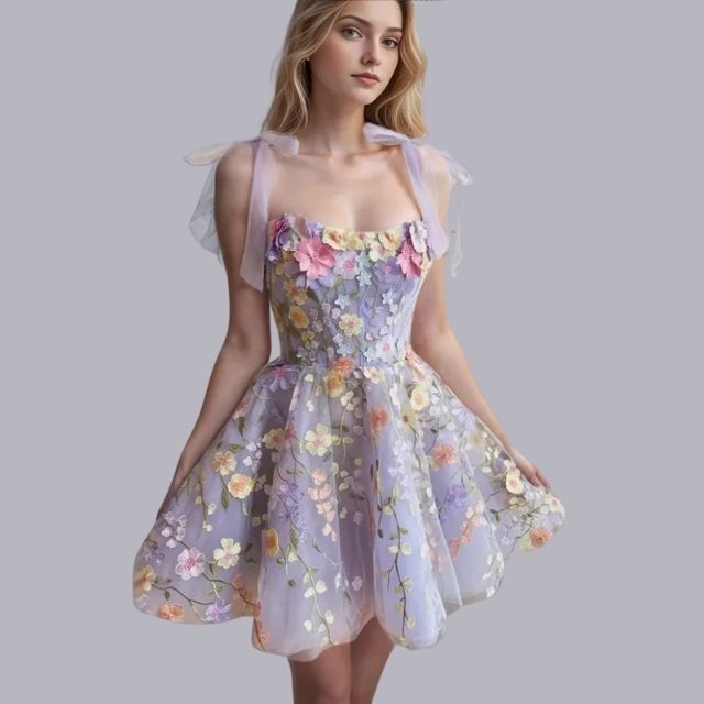 Floral Applique Tulle Puff Sleeve Corset A-Line Mini Dress