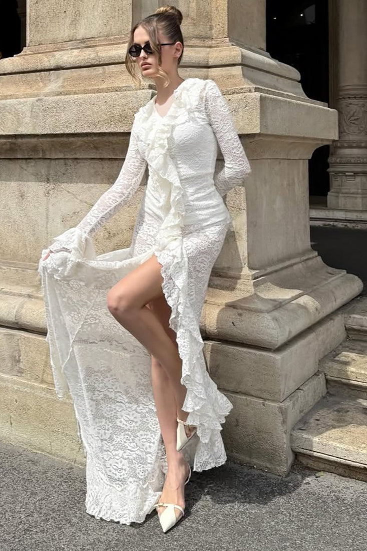 Lace Long Sleeve Deep V-Neck Ruffle Trim High Low Maxi Gown