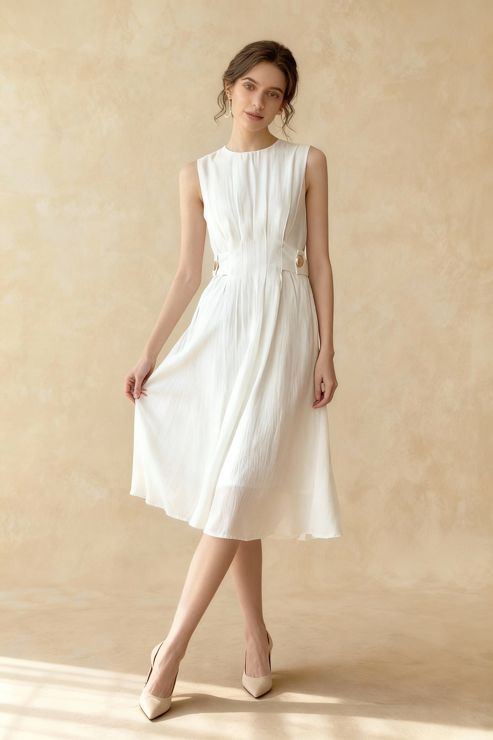 Sleeveless Pintuck Bodice Button Waist Tab A-Line Midi Dress
