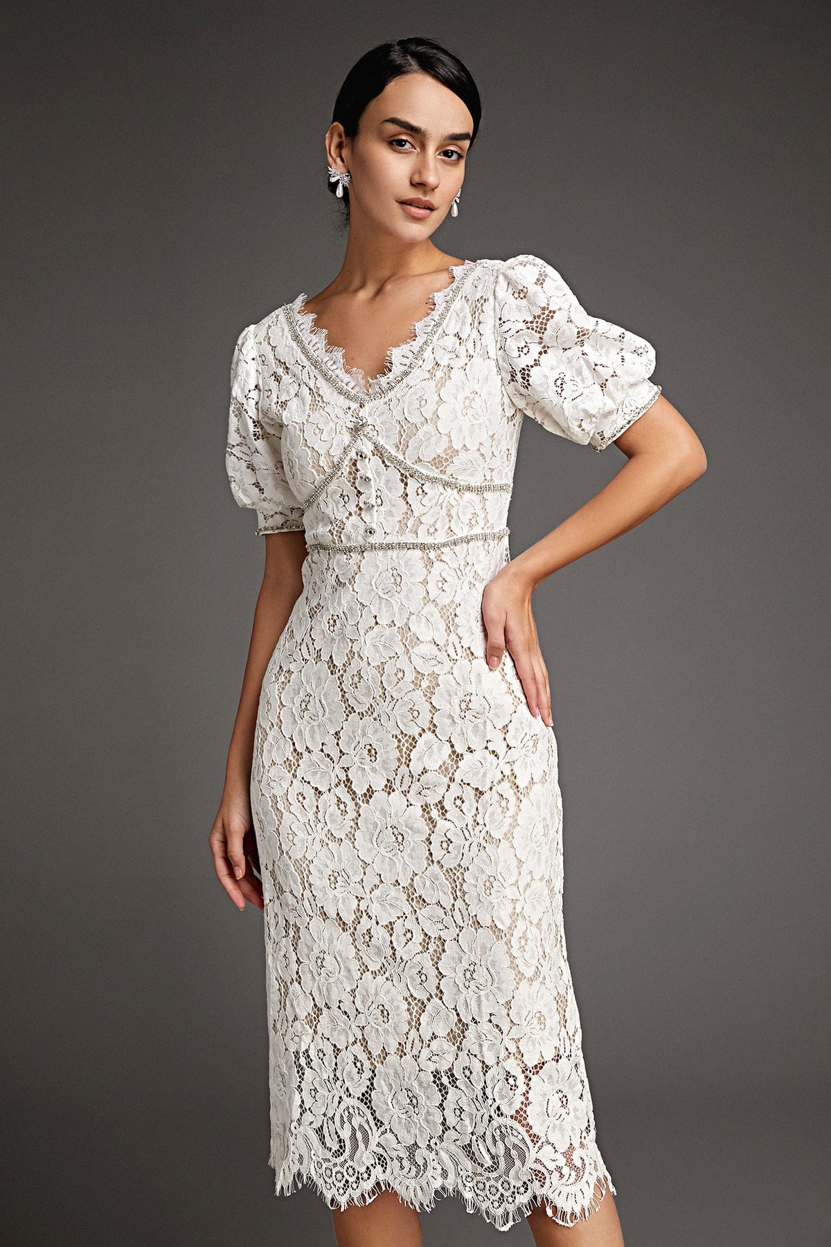 Floral Lace V-Neck Puff Sleeve Rhinestone Trim Scalloped Hem Midi Dress