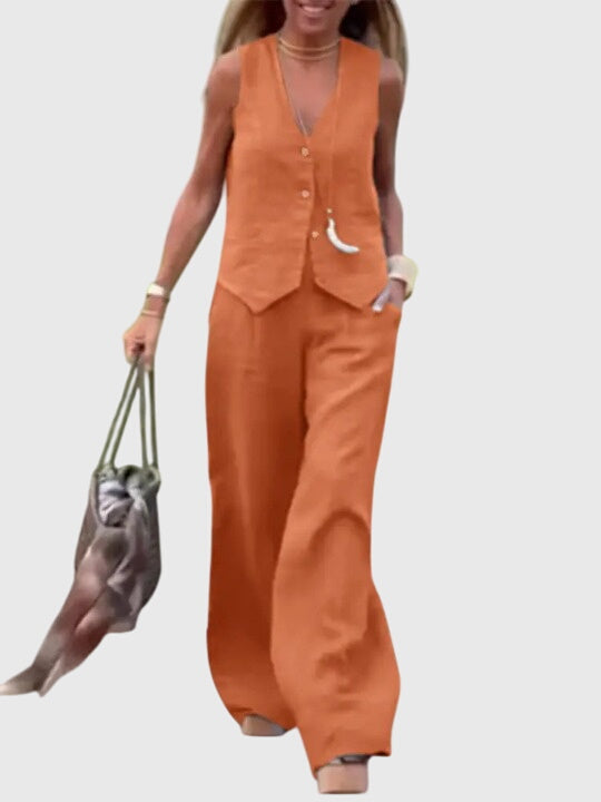 Sleeveless V-Neck Vest and Wide Leg Pants Two Piece Set