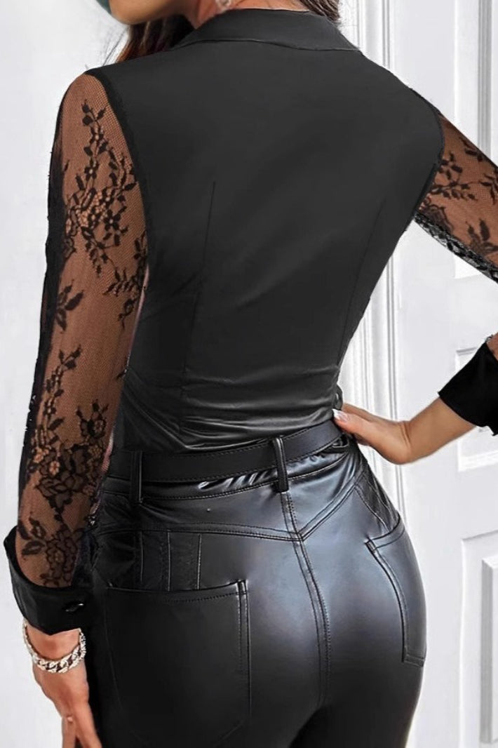 Lace Leather Panel Sheer Long Sleeve Chic Blouse