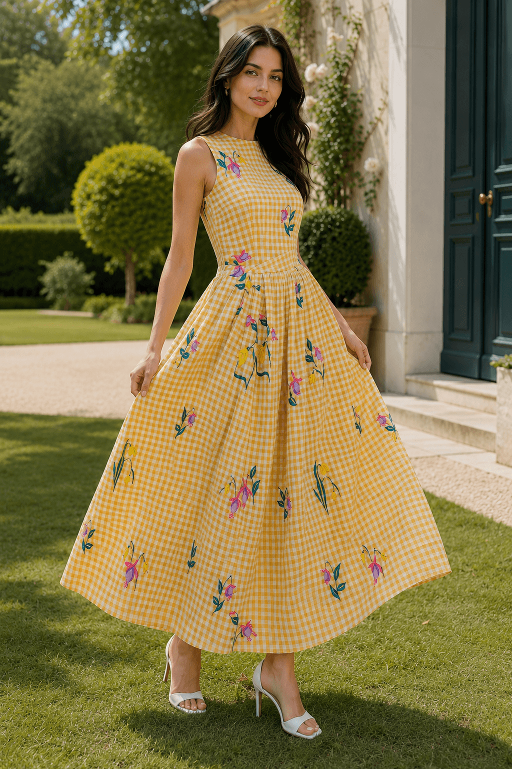 Vintage Heavy Floral Embroidery Tie Waist Sleeveless Long Floral Dress