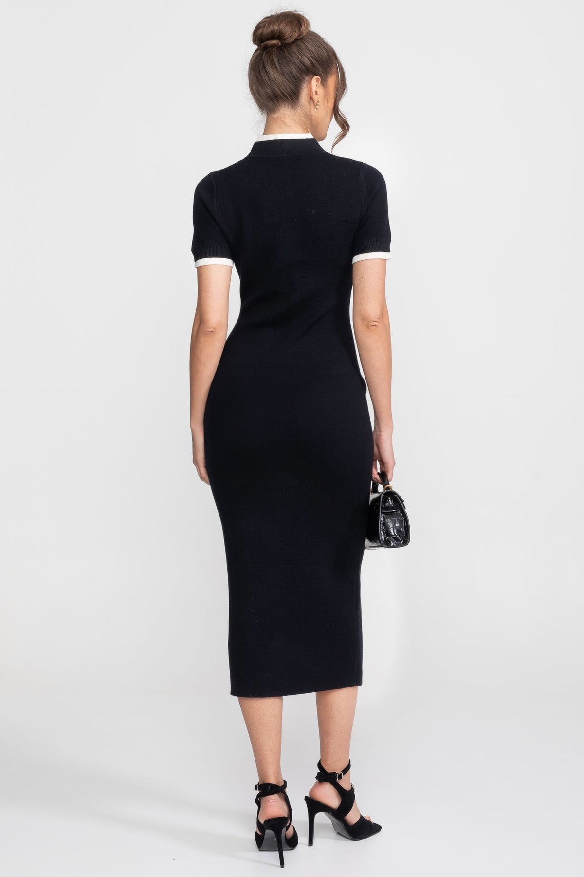 Short Sleeve Button Front Contrast Trim Flower Applique Knit Bodycon Midi Dress 5