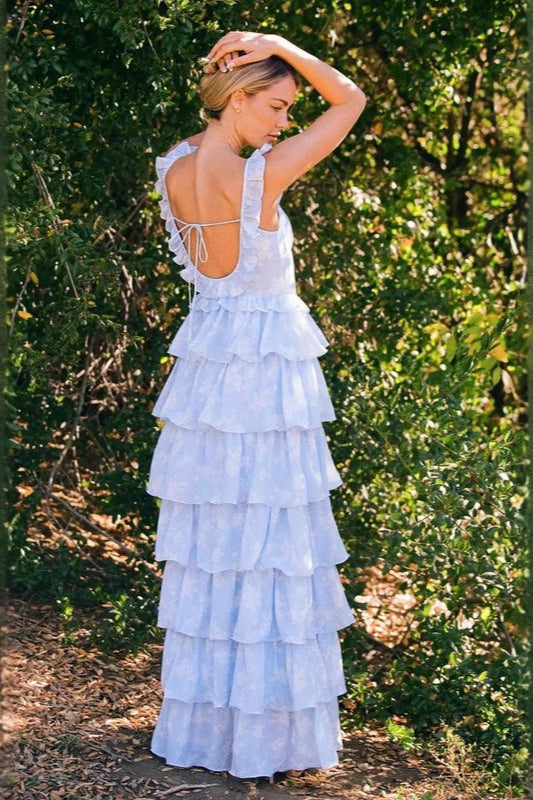 Floral Square Neck Ruffle Strap Tiered Maxi Prom Dress