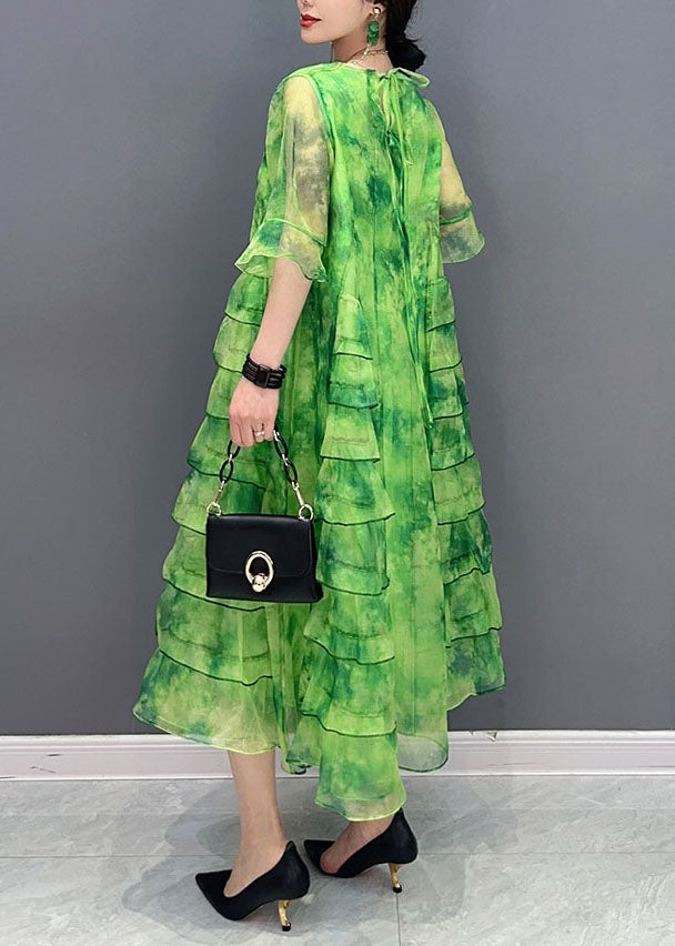 Tie Dye Round Neck Ruffle Sleeve Tiered Ruffle Chiffon Midi Dress