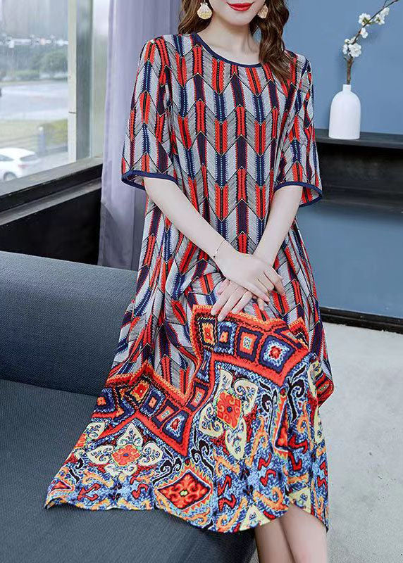 Geometric Chevron Print Ornate Border Short Sleeve Shift Midi Dress