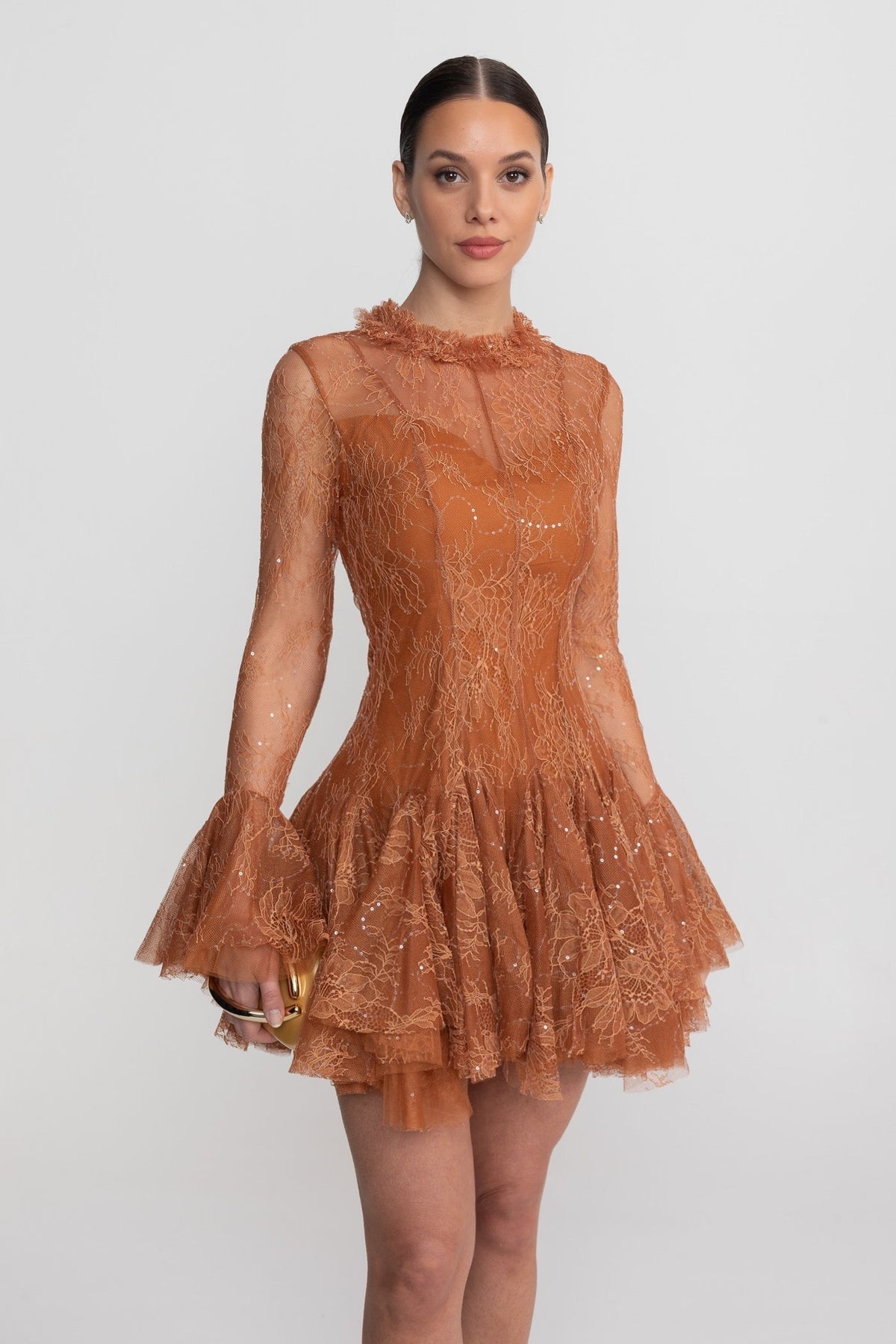 Sheer Lace Ruffle Neck Long Sleeve Flared Cuff Ruffle Hem Mini Dress