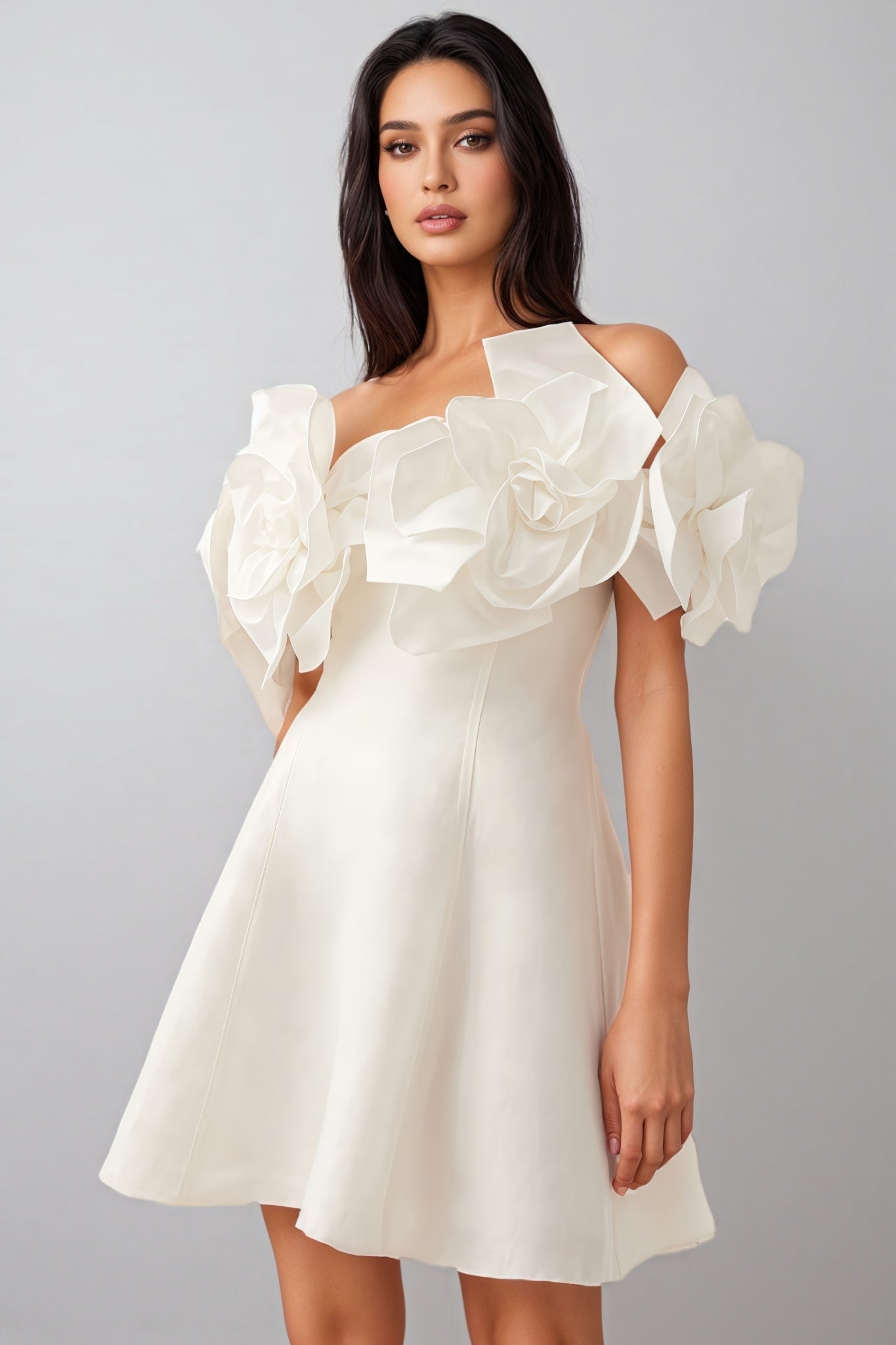 Satin 3D Rose Off Shoulder Fit and Flare Mini Dress