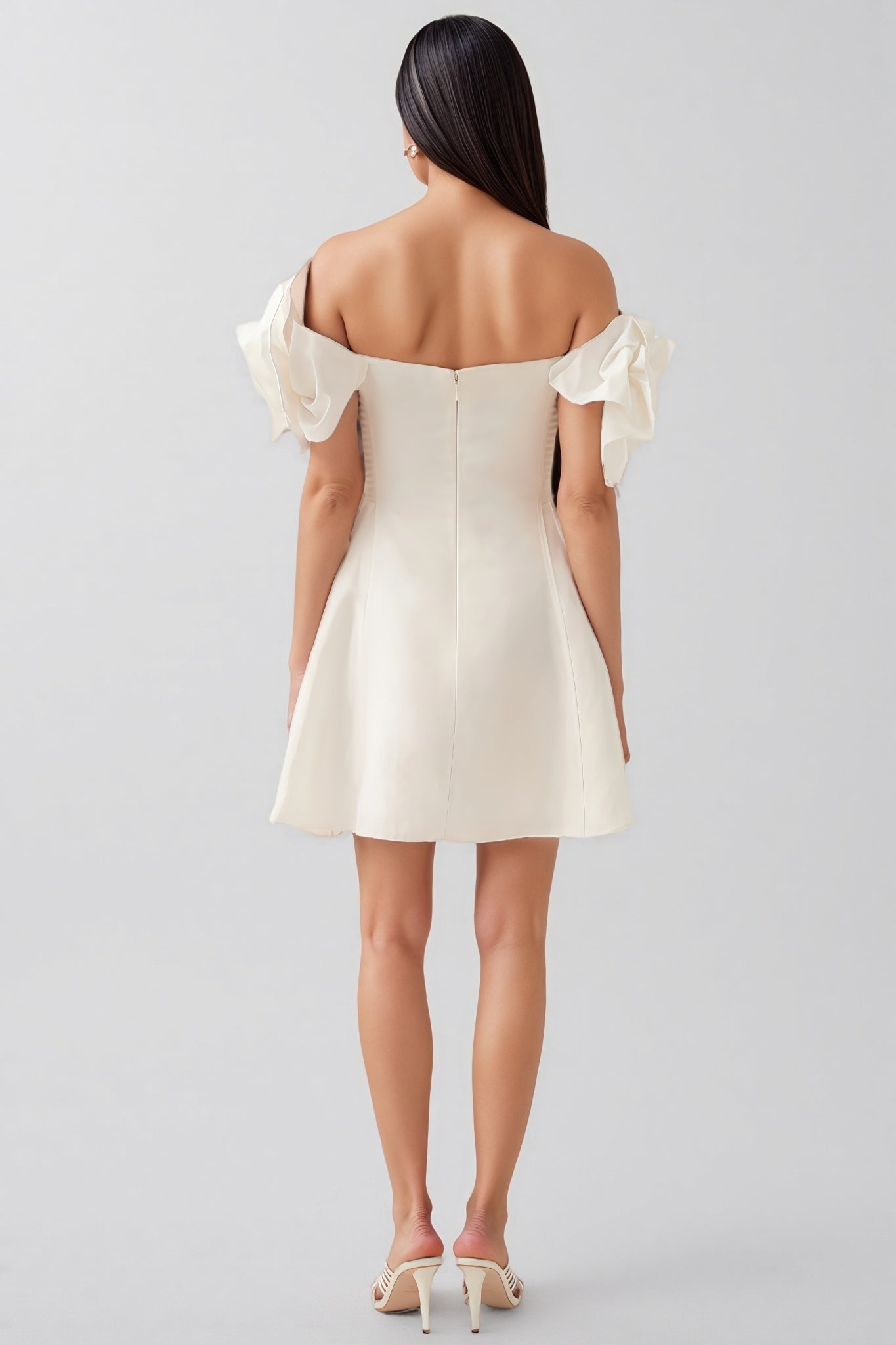 Satin 3D Rose Off Shoulder Fit and Flare Mini Dress