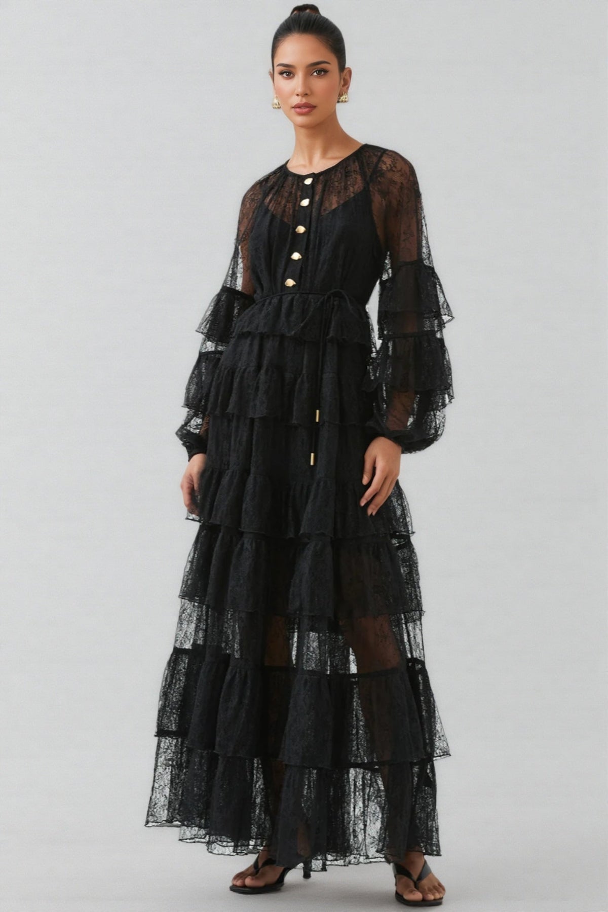 Sheer Lace Round Neck Balloon Sleeve Button Front Tiered Maxi Dress