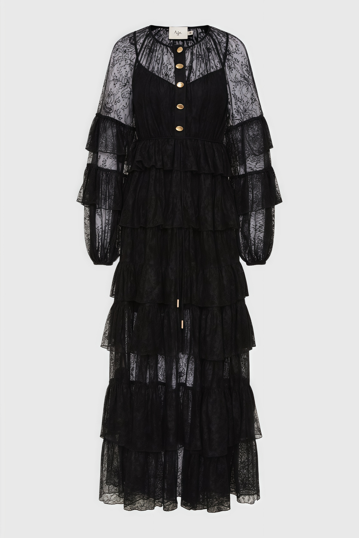Sheer Lace Round Neck Balloon Sleeve Button Front Tiered Maxi Dress 6