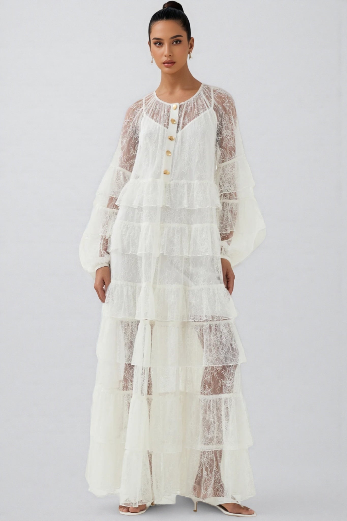 Wintk White Round Neck Lace Maxi Dress - View 2
