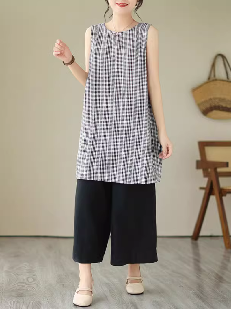 Gingham Check Vertical Stripe Round Neck Sleeveless Shift Mini Dress
