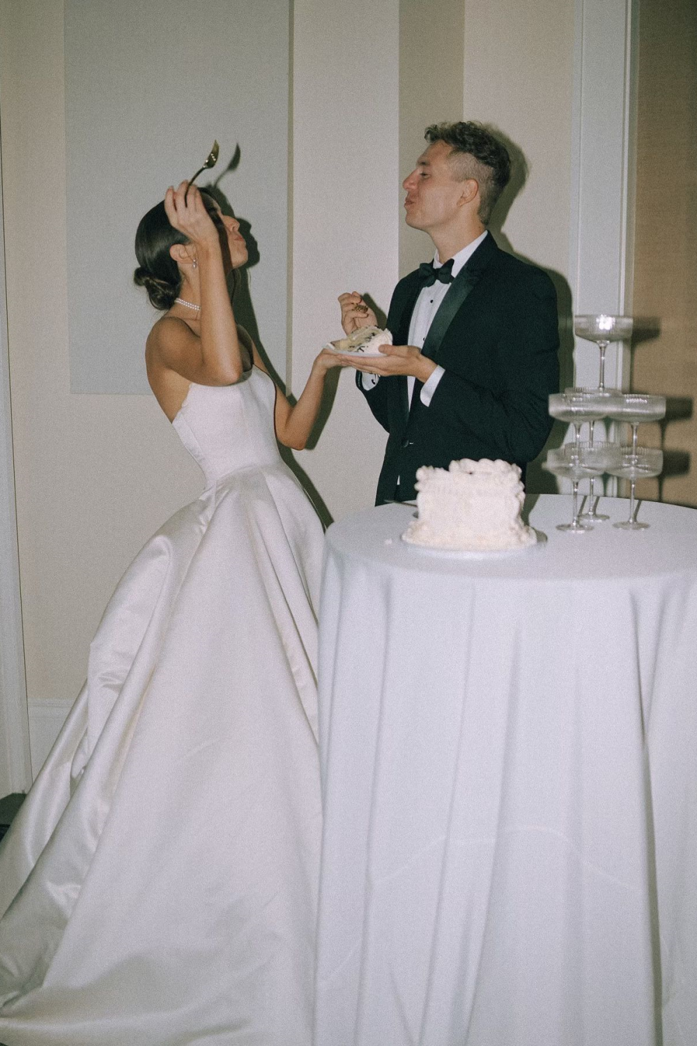 Simple A Line Strapless White Satin Wedding Dress with Sweep Train