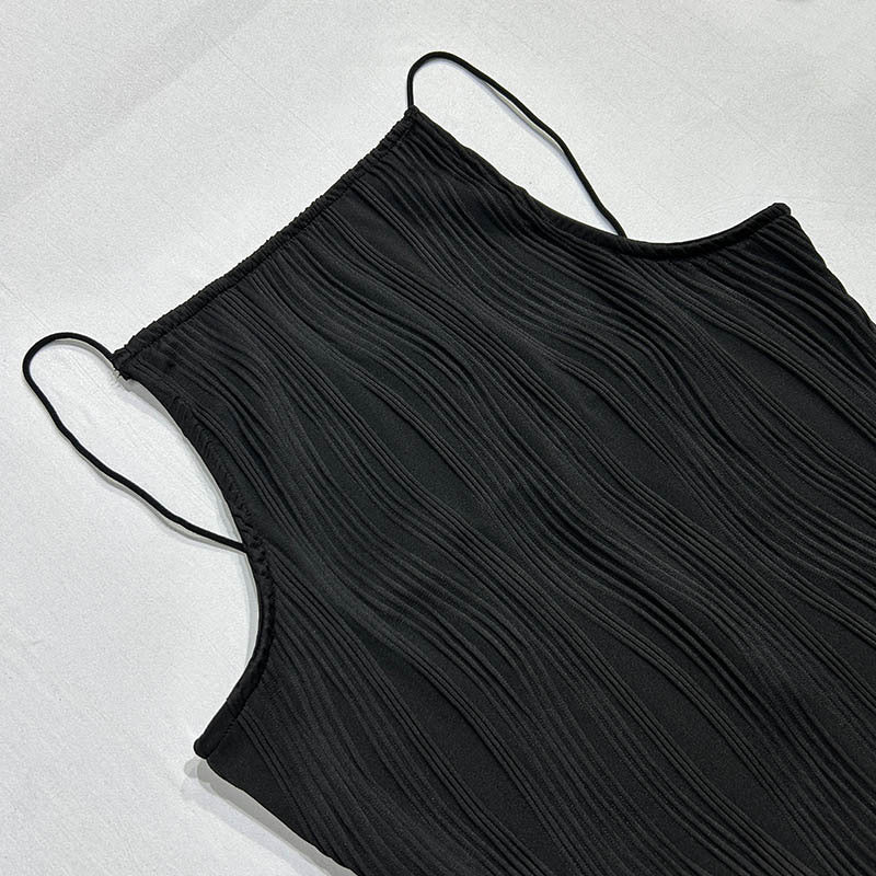 Plisse Texture Halter Neck Sleeveless Bodycon Slit Maxi Dress