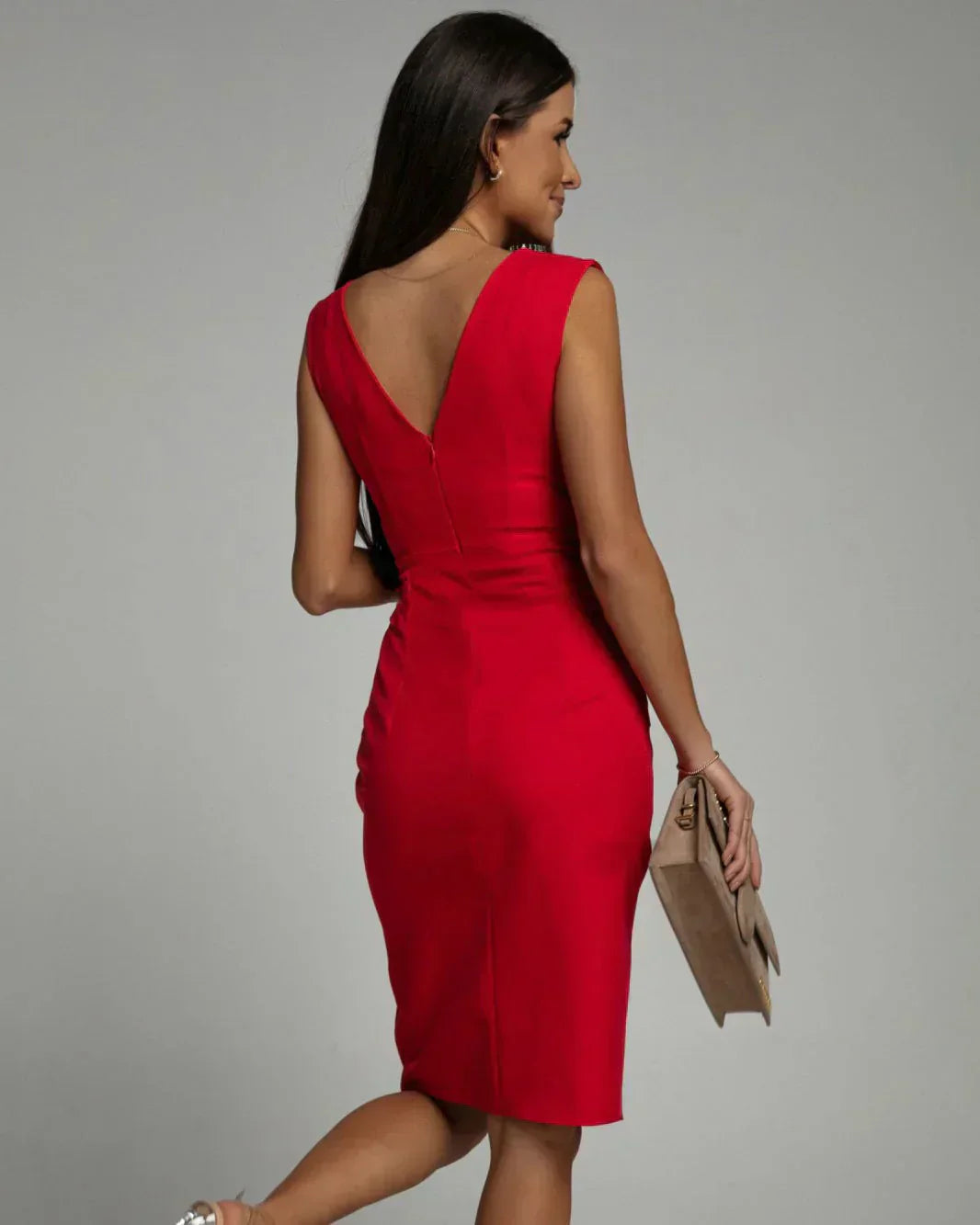Deep V-Neck Pleated Shoulder Wrap High Split Midi Cocktail Dress