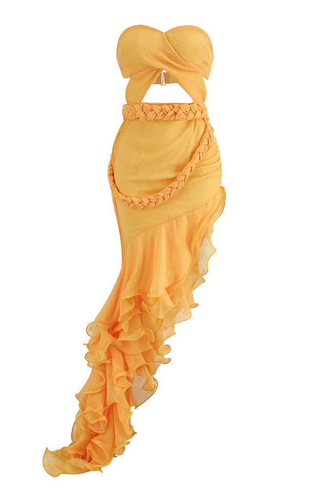 Strapless Twist Front Cut Out Braided Trim Ruffle High Low Gown 7