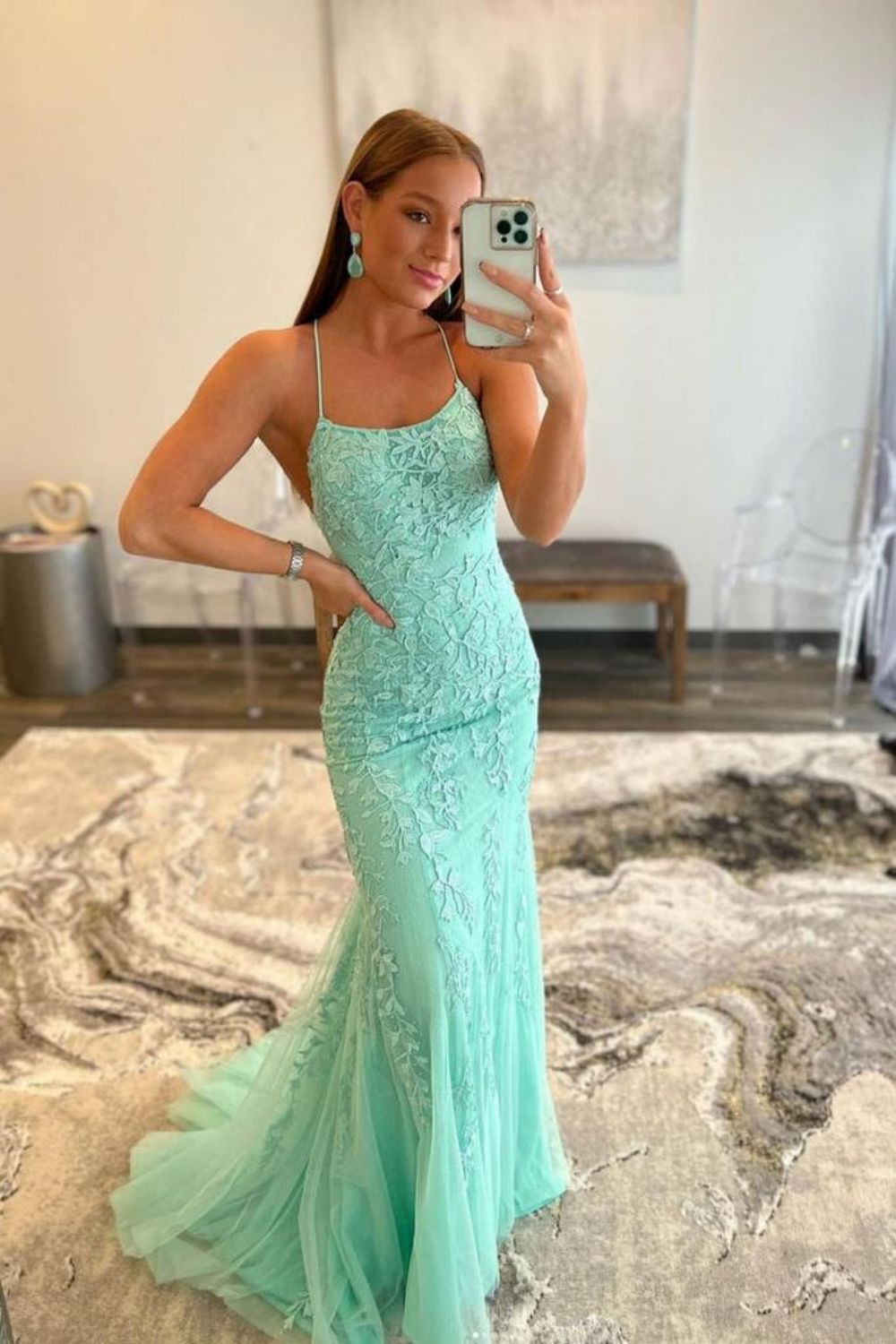 Mermaid Spaghetti Straps Hot Pink Long Prom Dress with Appliques