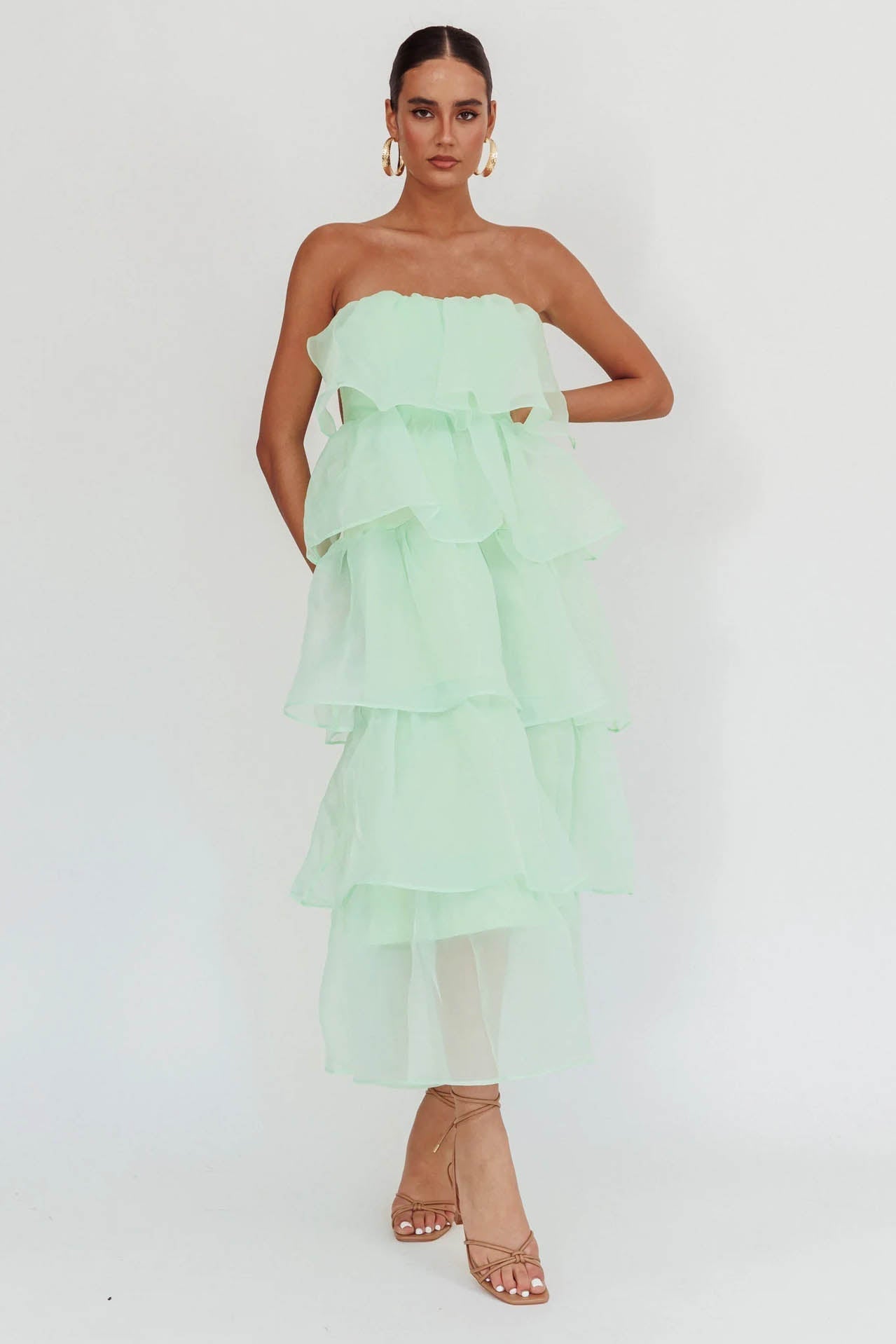 Strapless Backless Tiered Ruffle Organza Maxi Dress