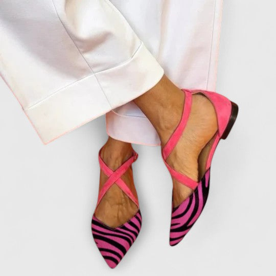 Zebra Print Pointed Toe Cross Strap Flats