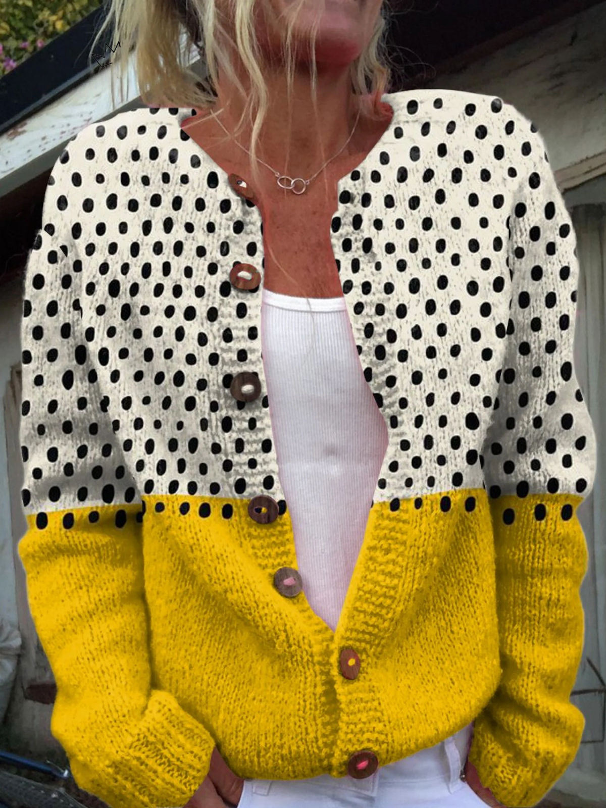 Polka Dot Colorblock Button Front Knit Cardigan