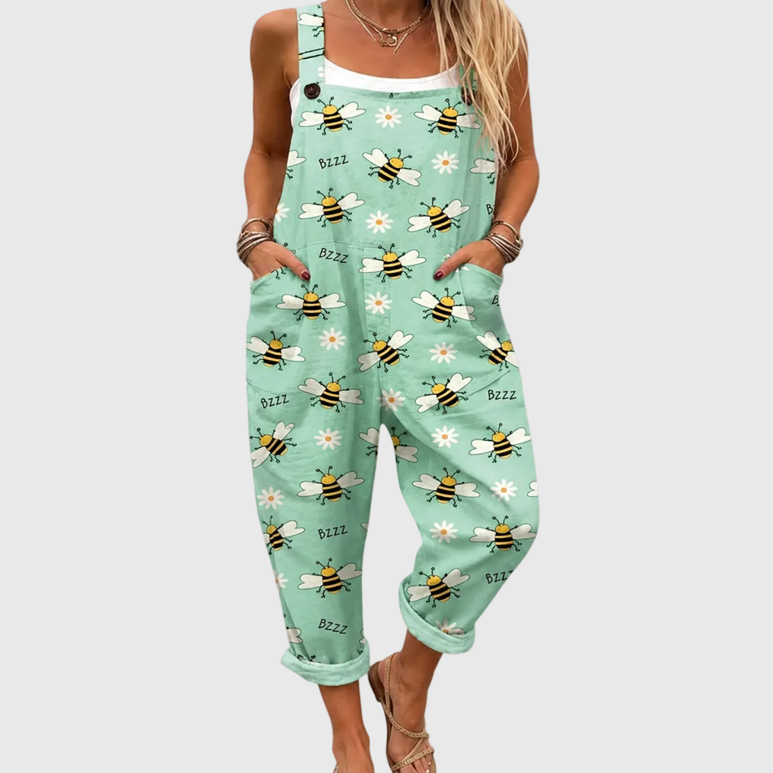 Bee and Daisy Print Pocket Overall Jumpsuit