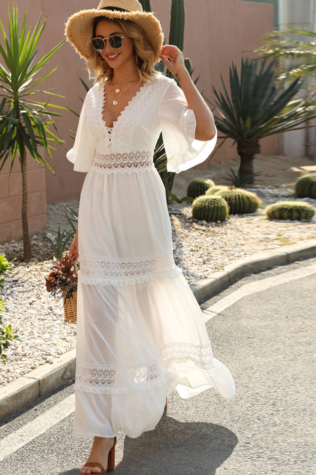Lace Trim V-Neck Short Sleeve Tiered Maxi Dress 5