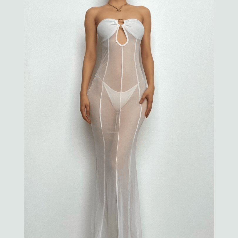 Mesh see through o ring hollow out backless tube maxi dress 14