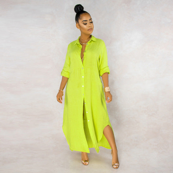 Button Down Collared Roll Tab Sleeve Box Pleat Back Oversized Maxi Shirt Dress