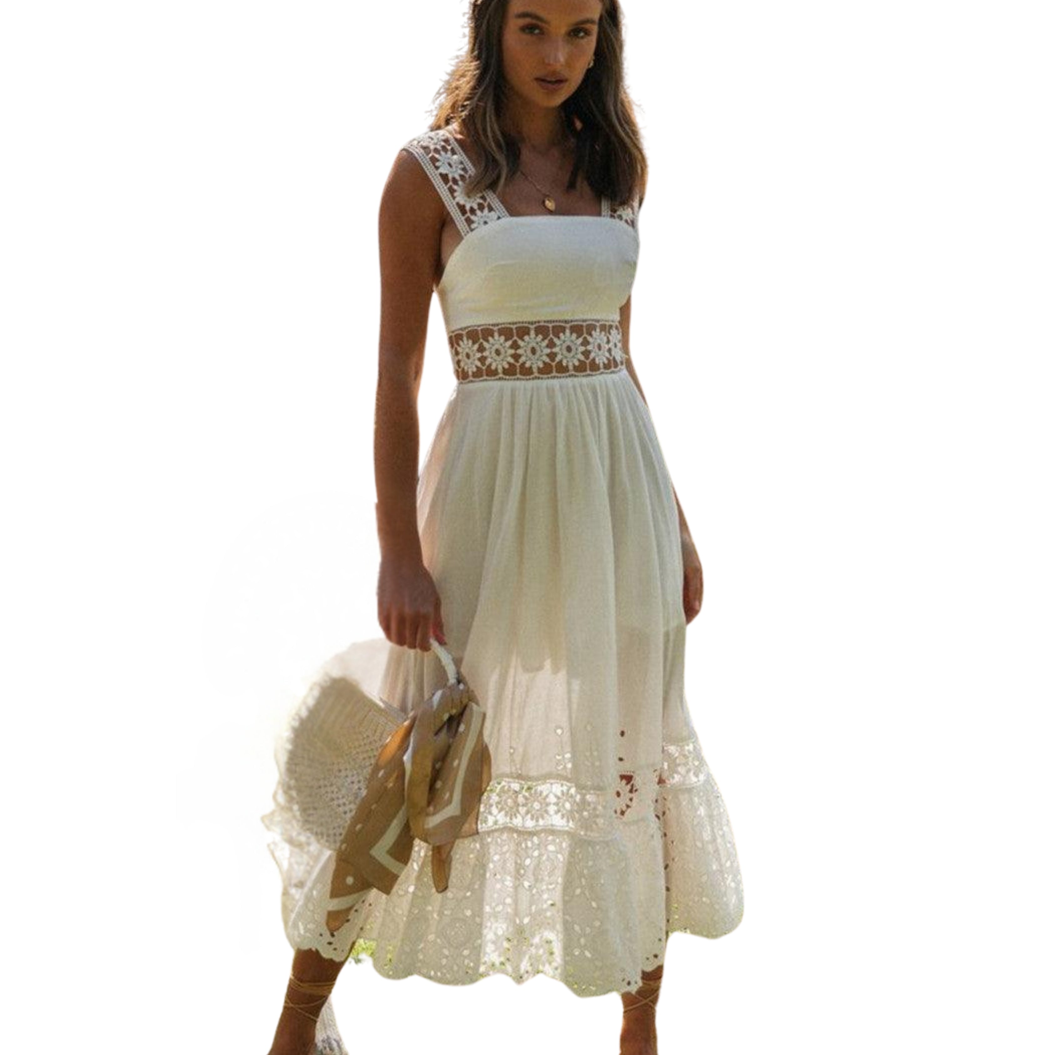 Square Neck Lace Strap Tiered Eyelet Embroidered Midi Dress