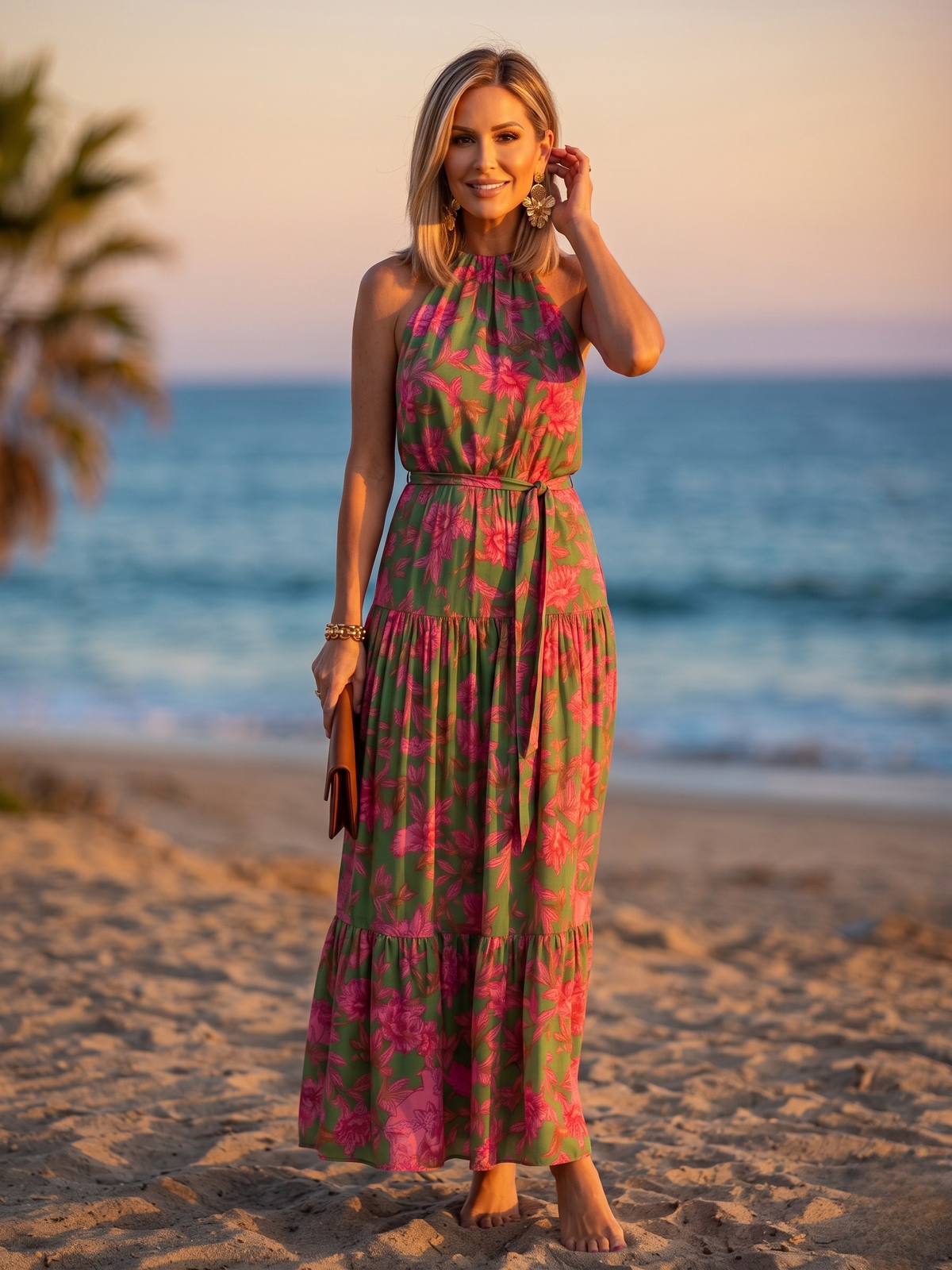 Floral Halter Neck Belted Tiered Maxi Dress
