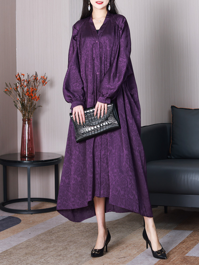 Jacquard Rose Print V-Neck Puff Sleeve Oversized Button Front Maxi Dress