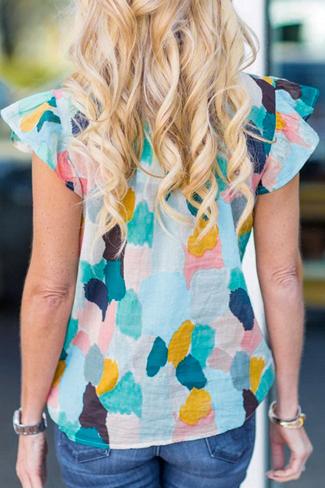 Abstract Brushstroke Print Mock Neck Ruffle Sleeve Blouse 5
