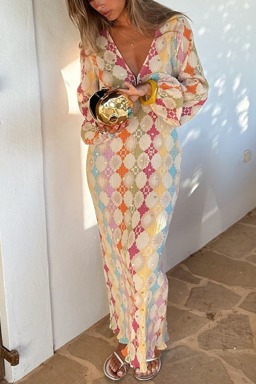 Yolanda Boutique V Neck Lantern Sleeves Geometric Print Maxi Dress Premium Wardrobe Essential