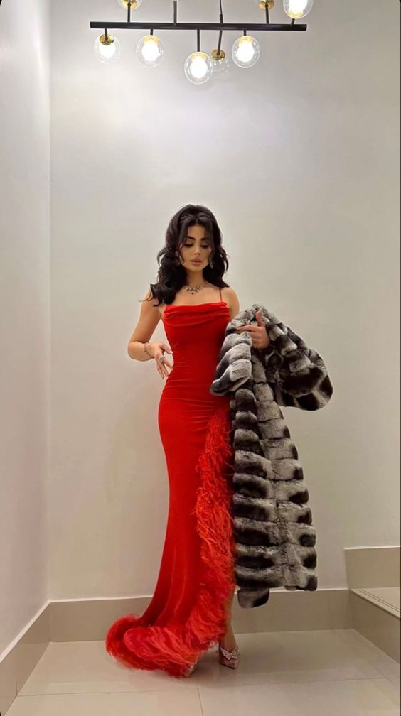 Sexy Mermaid Red Straps Long Prom Dress,Formal Evening Dress With Feathers cc1701