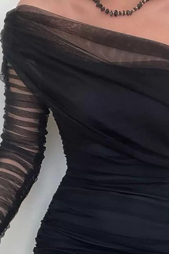 Mesh One Shoulder Long Sleeve Ruched Bodycon Mini Formal Dress
