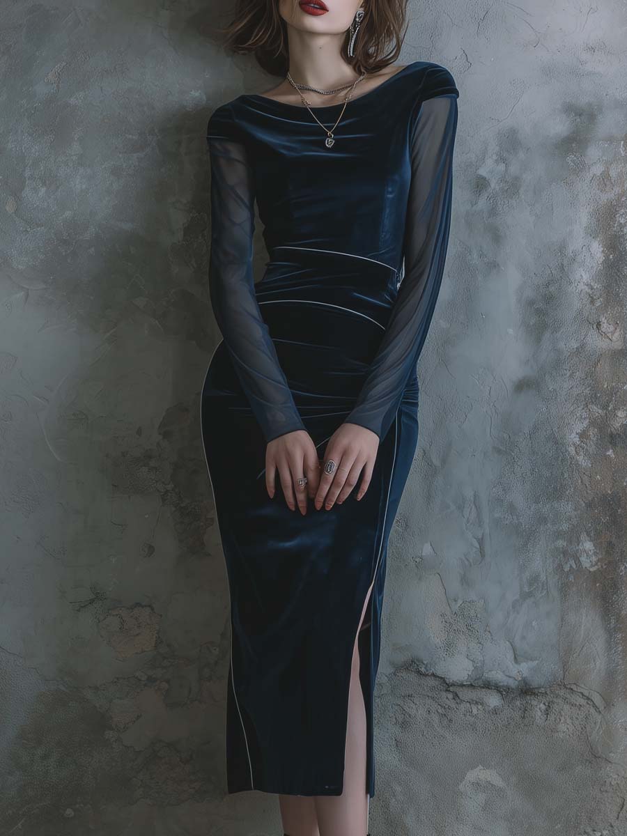 Deep Blue Velvet Bodycon Dress With Sheer Long Sleeves