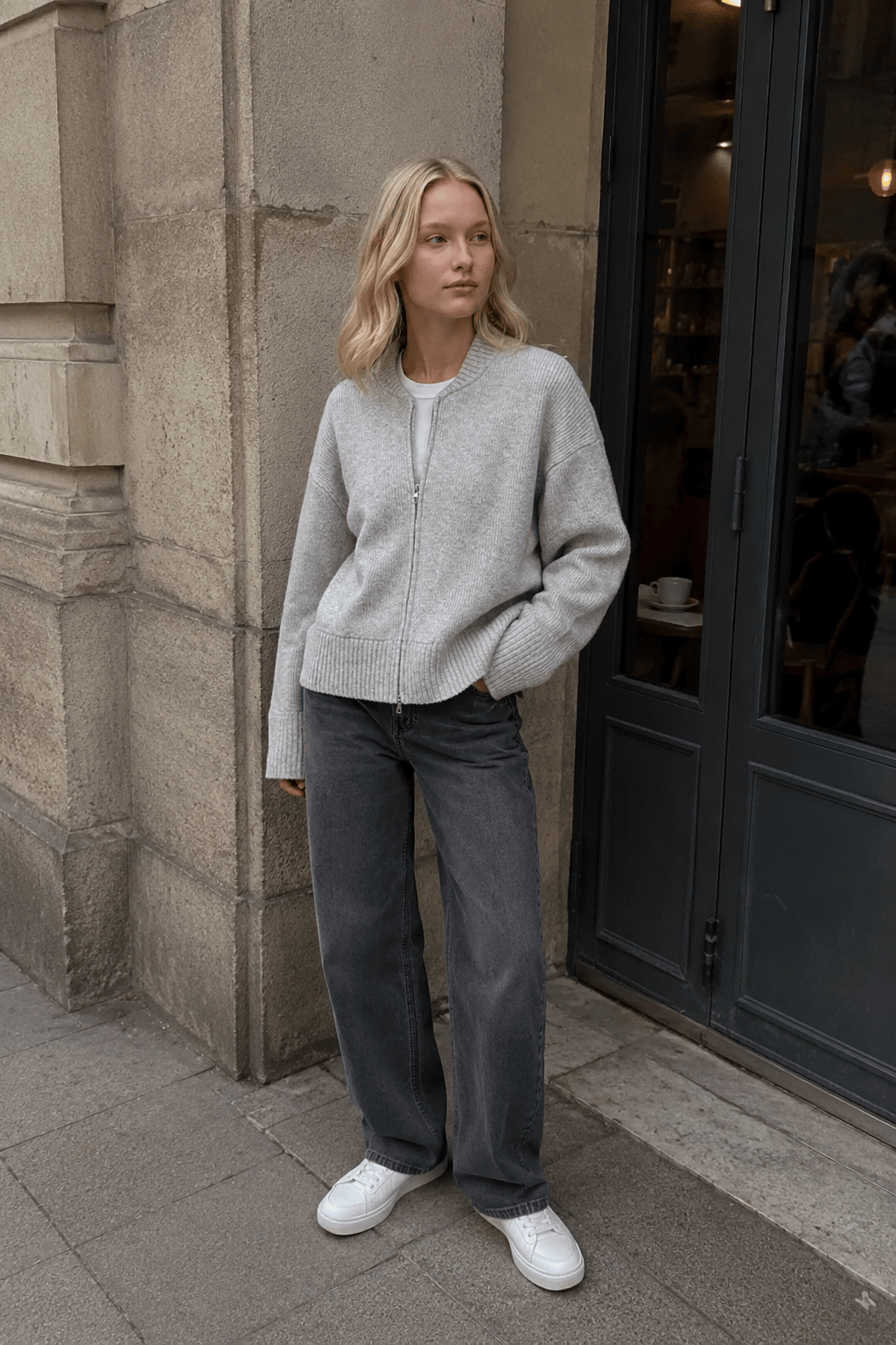 Pleated Knit O Neck Zipper Cardigan