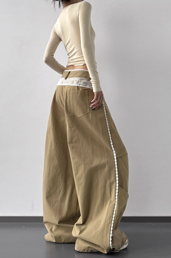 Lace Trim Waist Panel Toggle Hem Baggy Wide Leg Pants 2