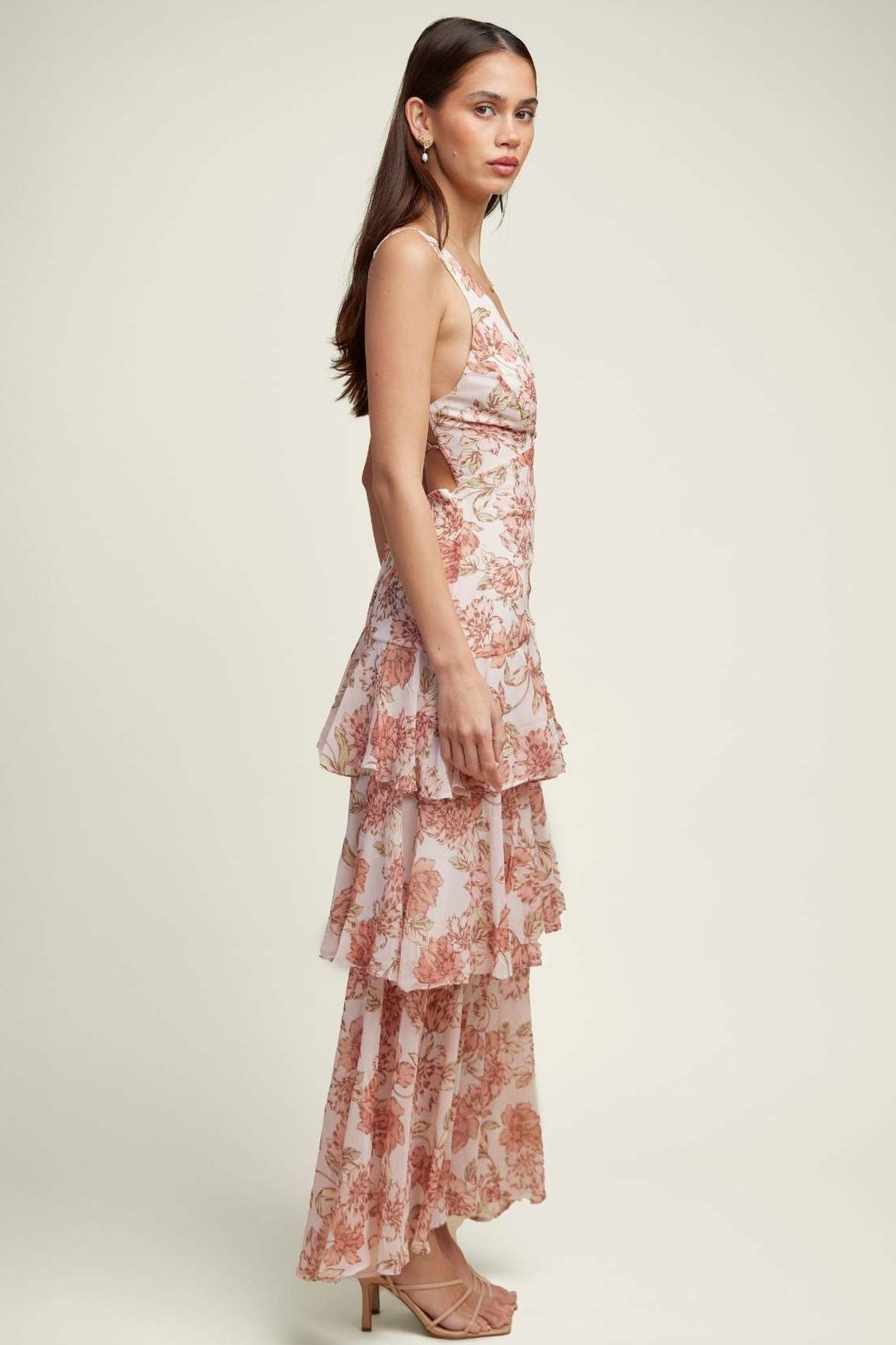 Floral Deep V-Neck Sleeveless Tiered Ruffle Chiffon Maxi Dress