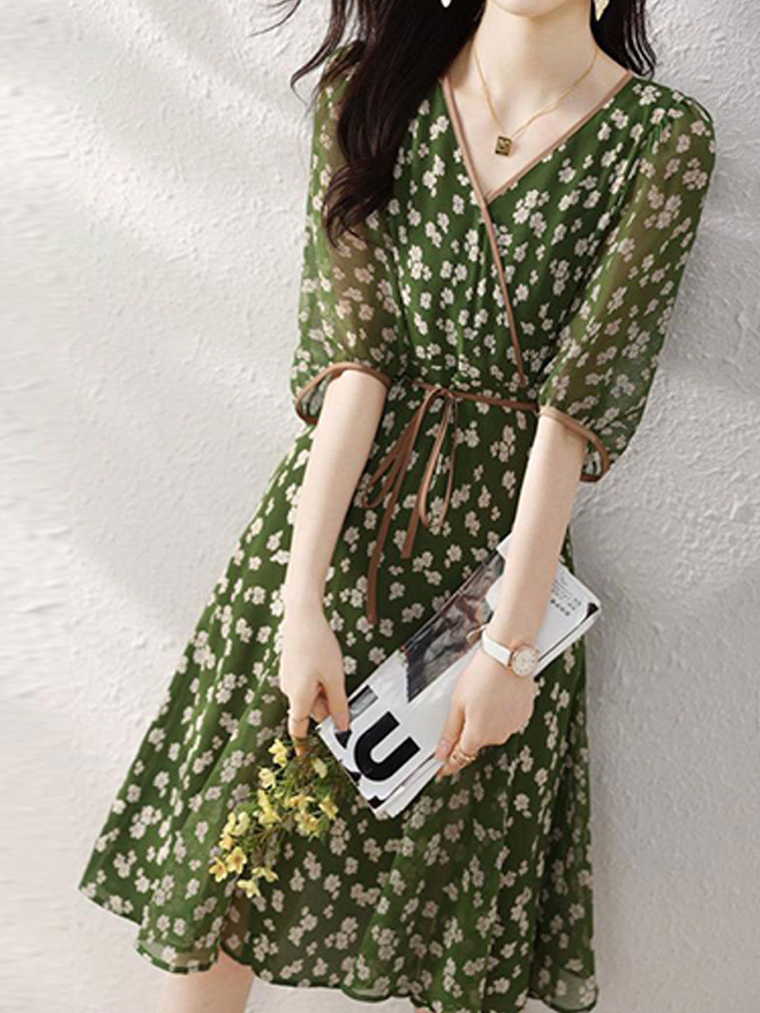Floral Print Wrap V-Neck Puff Sleeve Tie Waist Dress