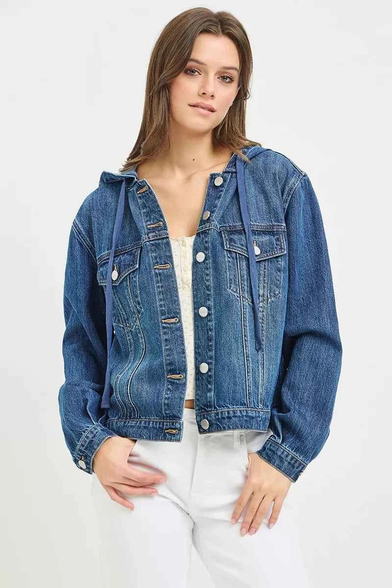Hooded Drawstring Button Front Chest Pocket Denim Jacket 5